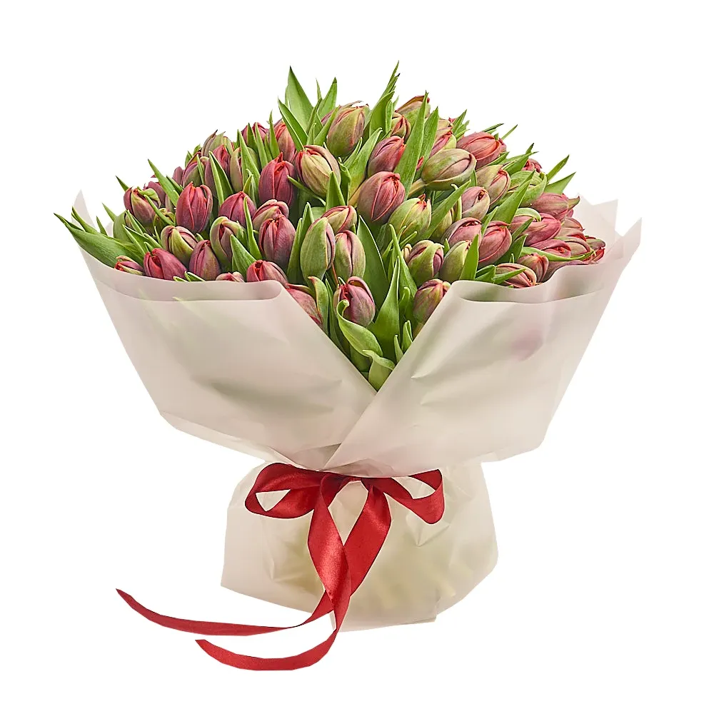 Букет из 101 пионовидного красного тюльпана