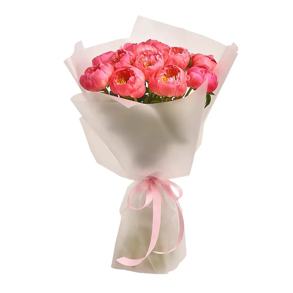 Букет из 15 коралловых пионов