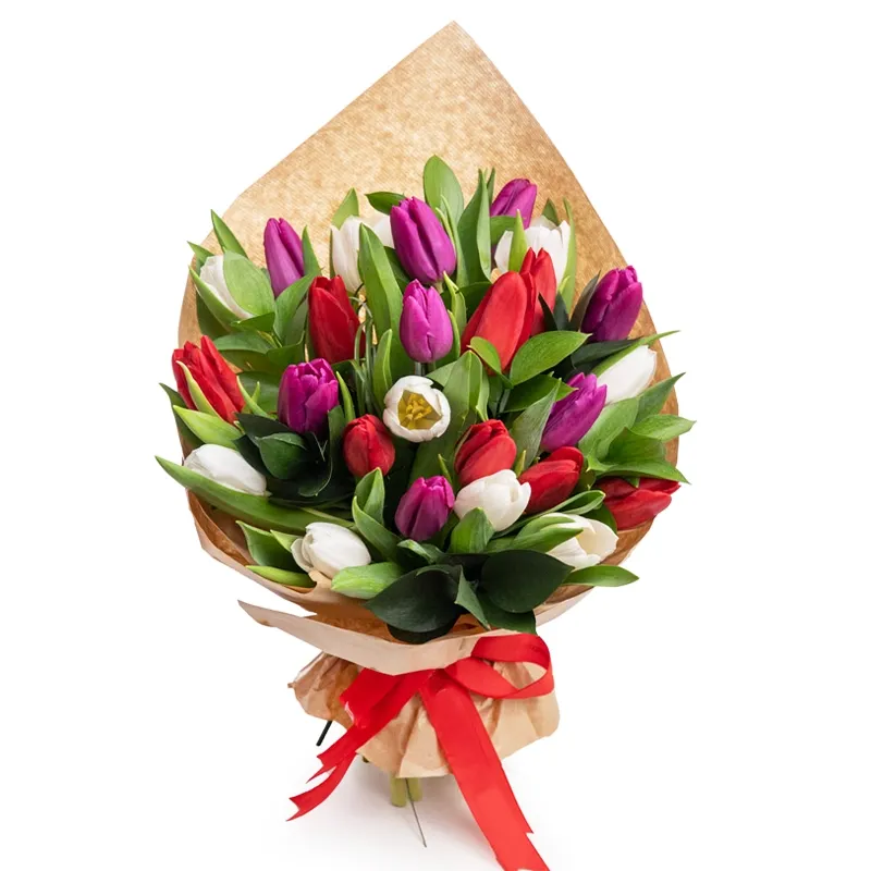 Букет из 25 разноцветных тюльпанов