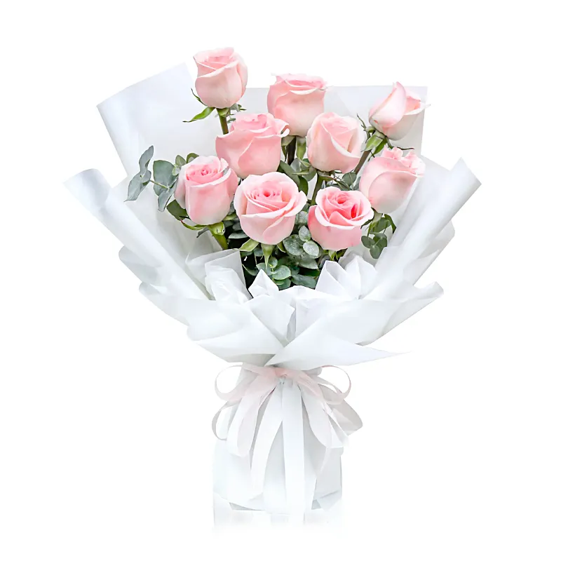 Букет из 9 розовых роз с эвкалиптом